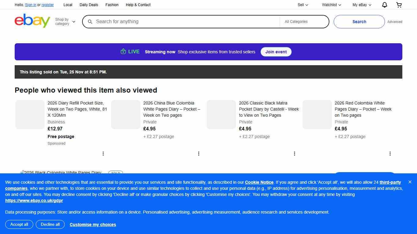 2026 Black Colombia White Pages Diary – Large (Quarto) – Week on Two pages eBay UK