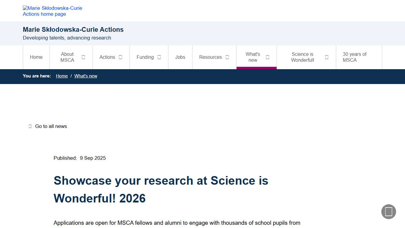 Showcase your research at Science is Wonderful! 2026 Marie Skłodowska-Curie Actions